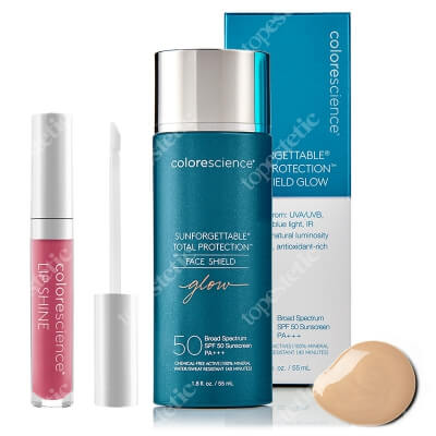 Colorescience Glow And Shine ZESTAW Minerały w emulsji do twarzy SPF50 (kolor Glow) 55 ml + Błyszczyk ochronny do ust SPF35 (kolor Pink) 4 ml