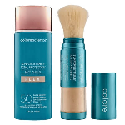 Colorescience GlowShield Duo ZESTAW Minerały w emulsji do twarzy (kolor Fair) 55 ml + Mineralny puder ochronny w pędzlu ( kolor Fair ) 4,3 g