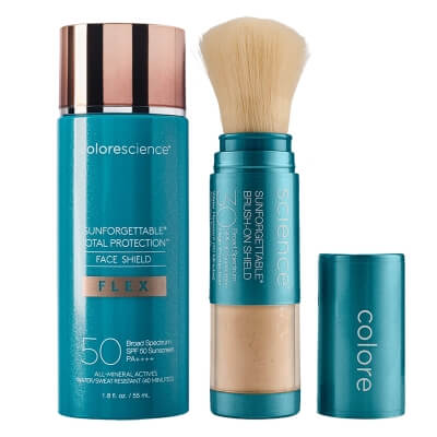Colorescience GlowShield Duo ZESTAW Minerały w emulsji do twarzy (kolor Light) 55 ml + Mineralny puder ochronny w pędzlu ( kolor Fair ) 4,3 g