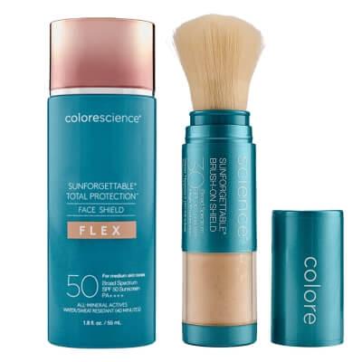 Colorescience GlowShield Duo ZESTAW Minerały w emulsji do twarzy (kolor medium) 55 ml + Mineralny puder ochronny w pędzlu (kolor Medium) 4,3 g