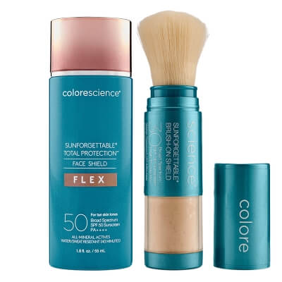 Colorescience GlowShield Duo ZESTAW Minerały w emulsji do twarzy (kolor tan) 55 ml + Mineralny puder ochronny w pędzlu (kolor Tan) 4,3 g