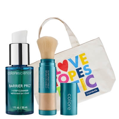 Colorescience Holiday Set ZESTAW Mineralny puder ochronny w pędzlu (kolor Medium) 4,3 g + Żel oczyszczający 30 ml + Torba 1 szt GRATIS