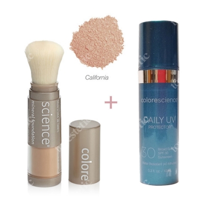 Colorescience Loose Mineral Foundation Brush + Daily Uv SPF 30 ZESTAW Minerały w pędzlu kolor California Girl średni ciepły 6 g + GRATIS Minerały w piance 10 ml