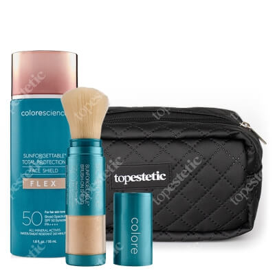 Colorescience Perfect Set ZESTAW Minerały w emulsji do twarzy (kolor Fair) 55 ml + Mineralny puder ochronny w pędzlu ( kolor Fair ) 4,3 g + Kosmetyczka 1 szt