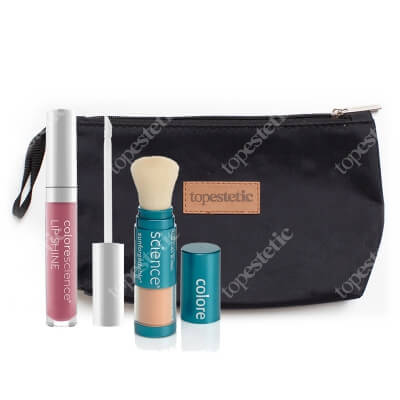Colorescience Sunforgettable Brush-On + SunscreenLip Shine ZESTAW Mineralny puder SPF 50 w pędzlu - kolor Tan 6 g + Błyszczyk do ust SPF35 4 ml (kolor Rose) + Kosmetyczka