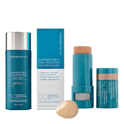 Colorescience Sunforgettable Total Protection Glow Skin ZESTAW Minerały w emulsji do twarzy (kolor Glow) 55 ml + Balsam do ust oraz policzków (kolor Glow) 9 g