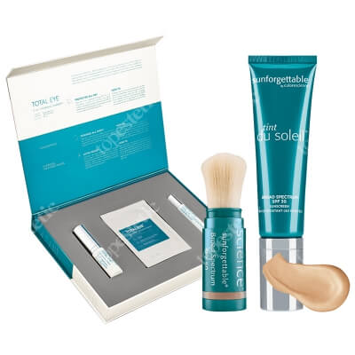 Colorescience Total Eye Set + Tint du Solei + Sunforgettable Brush-On Sunscreen ZESTAW Rewitalizacja okolic oczu + Minerały w kremie Light 30 ml + Puder SPF 50 Medium 2 g