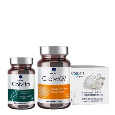 Colway Healthy Skin and Collagen ZESTAW Kompozycja trzech form magnezu 60 kaps. + Suplement diety Kolagen + Algi + Wit. E 60 kaps. + Suplement diety 100 kaps