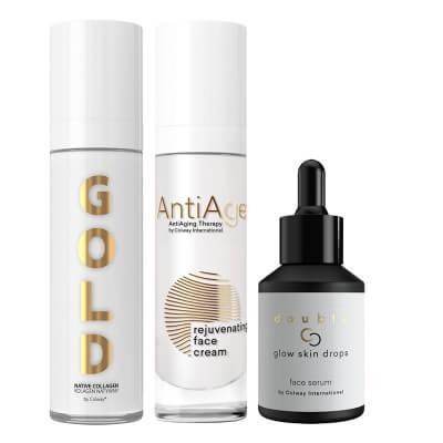 Colway International Anti-Age - Firmness and Regeneration ZESTAW Kolagen natywny, złoty 50 ml + Odmładzający krem do twarzy 50 ml + Inteligentne serum do twarzy 30 ml
