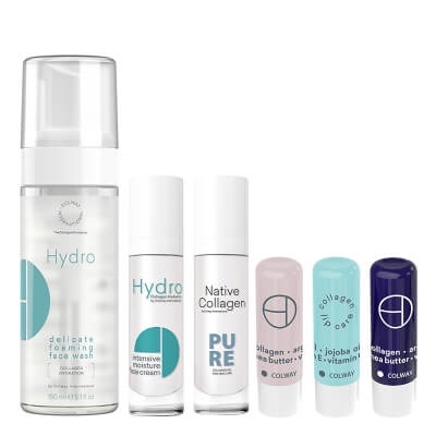 Colway International Intensive Hydrating ZESTAW Pianka do mycia twarzy 150 ml + Nawilżający krem na dzień 50 ml + Kolagen Natywny Pure 50 ml + Kolagenowa pielęgnacja usta 3 szt.