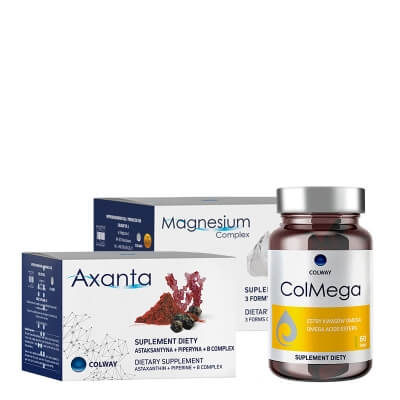 Colway Vitality Pack ZESTAW Mono estry kwasów omega 60 kaps. + Suplement diety Astaksantyna + Piperyna + B Complex 60 kaps. + Kompozycja trzech form magnezu 60 kaps.