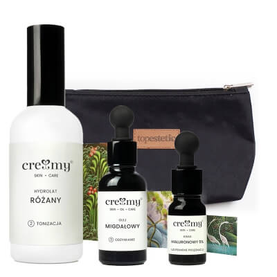 Creamy Hydrolat Różany + Kwas Hialuronowy 5% + Olej Migdałowy ZESTAW Hydrolat 100 ml + Kwas hialuronowy 10 ml + Olejek 30 ml + Kosmetyczka 1 szt