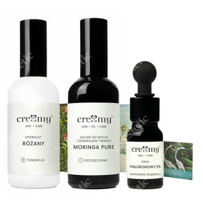 Creamy Hydrolat Różany + Moringa Pure + Kwas Hialuronowy 5% ZESTAW Hydrolat łagodzący 100 ml + Olejek do demakijażu 100 ml + Kwas hialuronowy 5% 10 ml