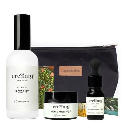 Creamy Kwas Hialuronowy 5% + Hydrolat Różany + More Moringa ZESTAW Kwas hialuronowy 10 ml + Hydrolat 100 ml + Krem 15 g + Kosmetyczka 1 szt