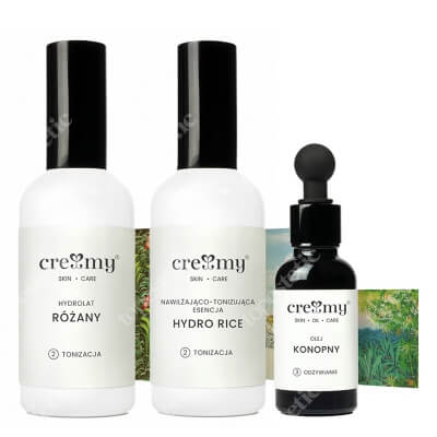 Creamy Olej Konopny + Hydrolat Różany + Hydro Rice ZESTAW Olej nawilżająco-regenerujący 30 ml + Hydrolat łagodzący 100 ml + Esencja nawilżająca 100 ml