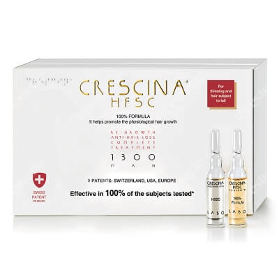 Crescina HFSC 100% Complete Treatment 1300 For Men Pełna kuracja dla mężczyzn zalecana w leczeniu rzednących i wypadających włosów 10+10 amp.