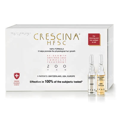 Crescina HFSC 100% Complete Treatment 200 For Men Pełna kuracja dla mężczyzn zalecana w leczeniu rzednących i wypadających włosów 10+10 amp.