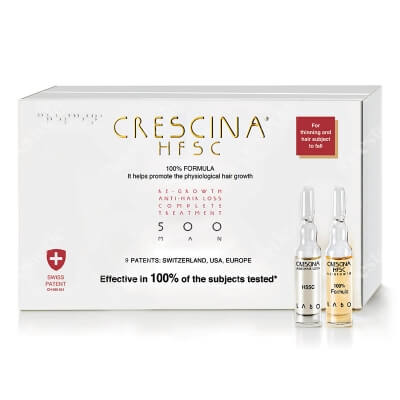 Crescina HFSC 100% Complete Treatment 500 For Men Pełna kuracja dla mężczyzn zalecana w leczeniu rzednących i wypadających włosów 10+10 amp.