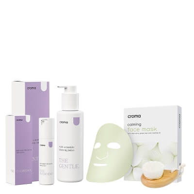 Croma CALMING RITUAL ZESTAW Płyn oczyszczający 150 ml + Lekki krem nawilżający 50 ml + Kojąca maska na twarz 8 szt. + Szczotka do mycia twarzy 1 szt