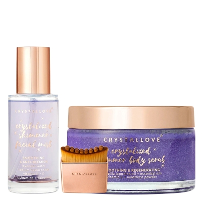 Crystallove Amethyst Face and Body Set ZESTAW Szczotka do drenażu limfatycznego 1 szt + Kojąca mgiełka do twarzy 100 ml + Peeling do ciała 200 g