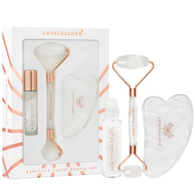 Crystallove Crystal Quartz Beauty Set ZESTAW Masażer do twarzy 1 szt. + Płytka do masażu twarzy gua sha 1 szt + Buteleczka z kryształkami górskimi na olejek 10 ml