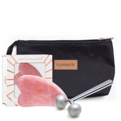 Crystallove Gua Sha + Masażer do Twarzy ZESTAW Gua Sha z kwarcu różowego 1 szt. + Masażer liftingujący 1 szt. + Kosmetyczka 1 szt
