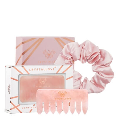 Crystallove Gumka Do Włosów + Grzebień z Kwarcu Różowego ZESTAW Jedwabna (różowa) 1 szt + Grzebień do masażu skóry głowy i ciała 1 szt.