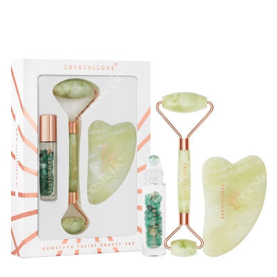 Crystallove Jade Beauty Set ZESTAW Masażer do twarzy 1 szt. + Płytka do masażu twarzy gua sha 1 szt + Buteleczka z kryształkami awenturynu na olejek 10 ml