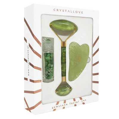 Crystallove Jade Beauty Set ZESTAW Masażer do twarzy 1 szt. + Płytka do masażu twarzy gua sha 1 szt + Buteleczka z kryształkami awenturynu na olejek 10 ml