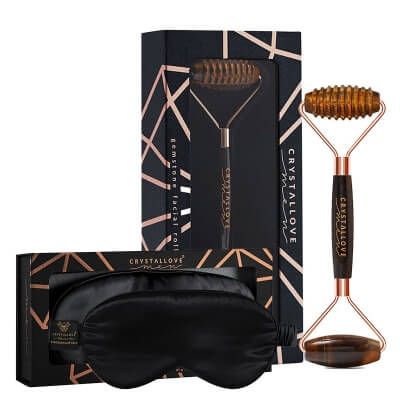 Crystallove Masażer 3D Z Tygrysiego Oka + Opaska Na Oczy Do Spania ZESTAW Roller 1 szt + Opaska jedwabna (kolor czarny) 1 szt