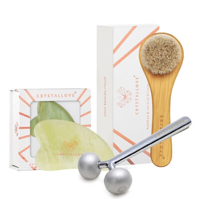 Crystallove Masażer + Gua Sha + Bambusowa Szczotka ZESTAW Masażer liftingujący 1 szt. + Gua Sha Jadeit 1 szt. + Szczotka do twarzy, szyi, dekoltu i biustu 1 szt
