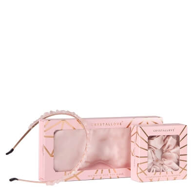 Crystallove Rose Silk Set ZESTAW Opaska do spania (kolor różowy) 1 szt + Opaska na włosy 1 szt + Gumka jedwabna (różowa) 1 szt