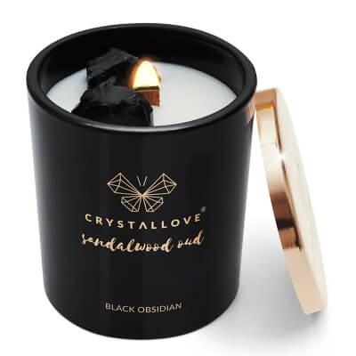 Crystallove Sandalwood Oud Black Obsidian Soy Candle Świeca sojowa z czarnym obsydianem – drzewo sandałowe oud 400 g