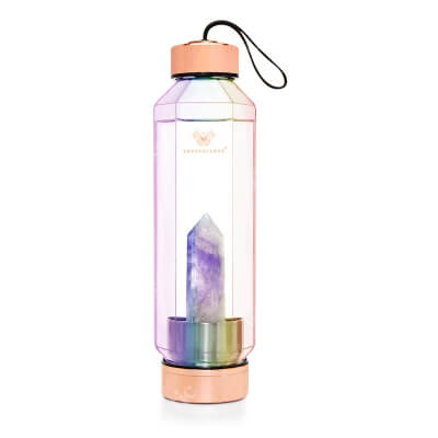Crystallove Szklana Butelka na Wodę z Ametystem HEXAGON Hologram 650 ml