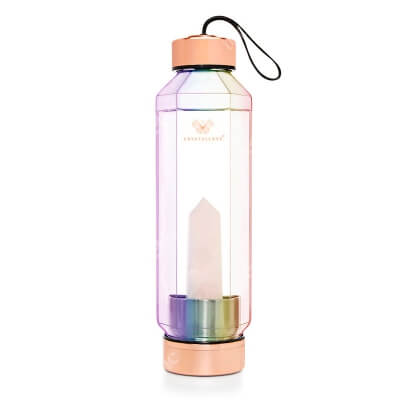 Crystallove Szklana Butelka na Wodę z Kwarcem Różowym HEXAGON Hologram 650 ml