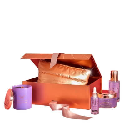 Crystallove The Harmony Ritual ZESTAW Serum z ametystem 30 ml + Kojąca mgiełka do twarzy 100 ml + Peeling do ciała 200 g + Świeca 220 g + Kosmetyczka 1 szt