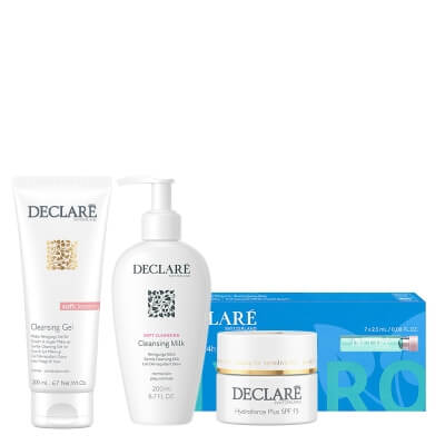 Declare Comfort Skin Ritual ZESTAW Żel oczyszczający 200 ml + Wzbogacone mleczko 200 ml + Krem nawilżający Plus SPF 15 50 ml + Ampułki nawilżające 7x2,5 ml
