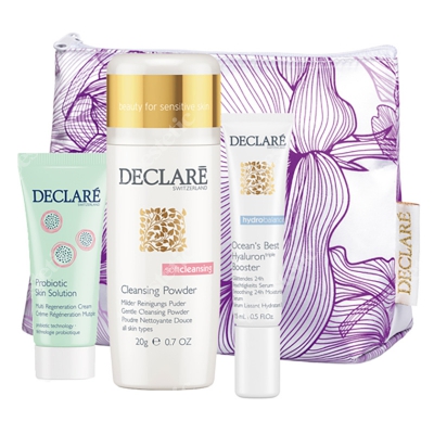 Declare Harmonijna Skóra 2019 ZESTAW Hialuronowy booster 15 ml + Delikatny puder oczyszczający 20 g + Probiotyk - Krem regenerujący 15 ml + kosmetyczka 1 szt