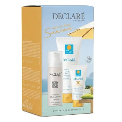 Declare Hyaluron Boost Suncare ZESTAW Hialuronowy krem do opalania 25 ml + Balsam do ciała po opalaniu 100 ml + Hialuronowa pianka nawilżająca 50 ml