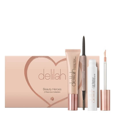 Delilah Beauty Heroes Collection ZESTAW Wygładzająca baza pod makijaż 5 ml + Wysuwana kredka do brwi (kolor Sable) 0,08 g + Odżywczy olejek podkreślający kolor ust 5 ml