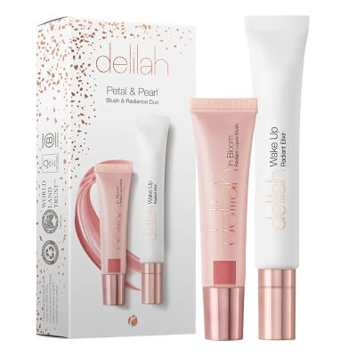Delilah Petal And Pearl Blush And Radiance Duo ZESTAW Rozświetlający róż w płynie (kolor Peony) 12 ml + Eliksir rozświetlająco-odżywczy (kolor Moonlight) 20 ml