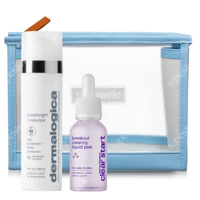 Dermalogica Breakout Clearing Liquid Peel + Power Bright Moisturizer SPF 50  ZESTAW Peeling złuszczający 30 ml + Krem nawilżający SPF50 50 ml + Kosmetyczka 1 szt