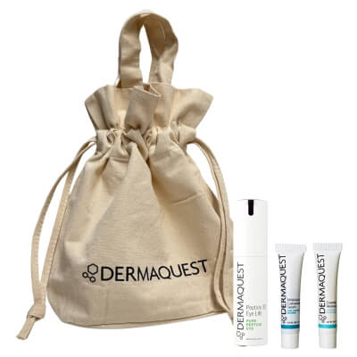 Dermaquest Peptide 3D Eye Lift + Melaquest Serum with Cysteamine + Essential Moisturizer New ZESTAW Liftingująca kuracja na okolice oczu 14,8 ml + Serum rozjaśniająco - detoksyfikujące 3 ml + Krem nawilżająco-odżywczy 3 g