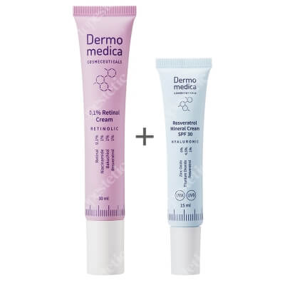 Dermomedica 0.1% Retinal Cream + Resveratrol Mineral Cream SPF 30 ZESTAW Krem z retinalem, bakuchiolem, niacynamidem i resweratrolem 30 ml + Przeciwstarzeniowy krem z resweratrolem i filtrem 15 ml