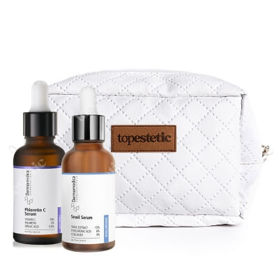Dermomedica Blask Bez Niedoskonałości ZESTAW Aktywne serum z witaminą C, floretyną i kwasem ferulowym 30 ml + Serum z ekstraktem ze ślimaka 30 ml + Kosmetyczka 1 szt