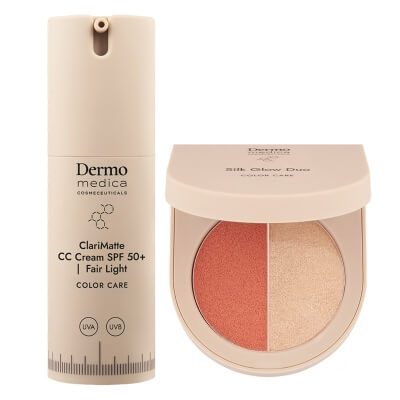 Dermomedica ClariMatte CC Cream SPF 50+ + Silk Glow Duo ZESTAW Matujący, koloryzujący krem korygujący z wysoką ochroną UVA/UVB (kolor Fair Light) 23 ml + Paletka do makijażu twarzy 5,5 g