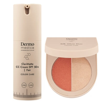 Dermomedica ClariMatte CC Cream SPF 50+ + Silk Glow Duo ZESTAW Matujący, koloryzujący krem korygujący z wysoką ochroną UVA/UVB (kolor Fair) 23 ml + Paletka do makijażu twarzy 5,5 g