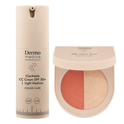Dermomedica ClariMatte CC Cream SPF 50+ + Silk Glow Duo ZESTAW Matujący, koloryzujący krem korygujący z wysoką ochroną UVA/UVB (kolor Light Medium) 23 ml + Paletka do makijażu twarzy 5,5 g