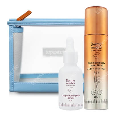 Dermomedica Copper Multipeptide Serum + Illuminating Body Lotion SPF 50 ZESTAW Serum z tripeptydem miedziowym, argireliną i beta-glukanem 30 ml + Rozświetlający, złoty lotion do ciała 120 ml + Kosmetyczka 1 szt