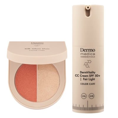 Dermomedica DermVitality CC Cream SPF 50 + Silk Glow Duo ZESTAW Koloryzujący krem korygujący z bardzo wysoką ochroną UVA/UVB (kolor Fair Light) 30 ml + Paletka do makijazu 5,5 g